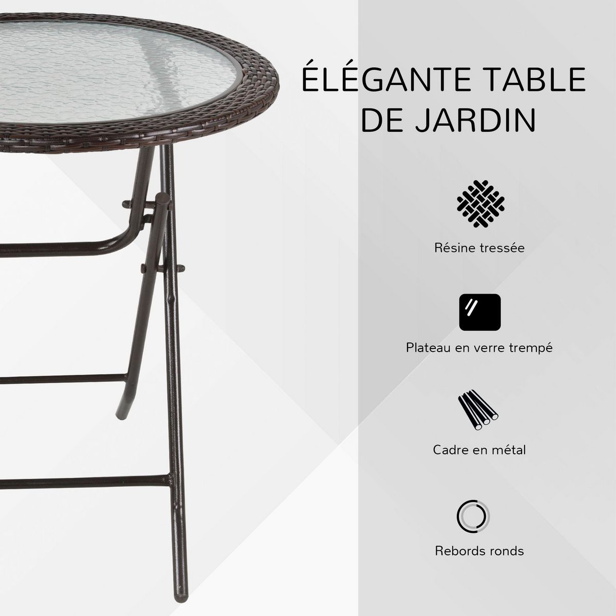 OUTSUNNY Table ronde bistro de jardin pliable dim. Ø 68 x 73H cm métal époxy résine tressée chocolat plateau verre trempé