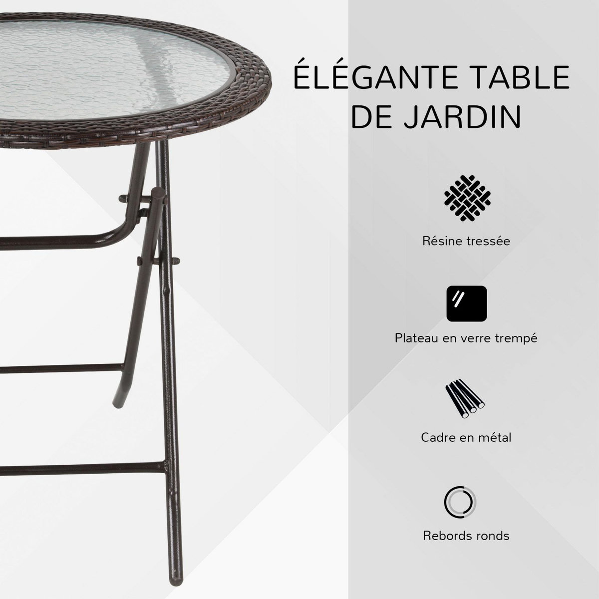 OUTSUNNY Table ronde bistro de jardin pliable dim. Ø 68 x 73H cm métal époxy résine tressée chocolat plateau verre trempé
