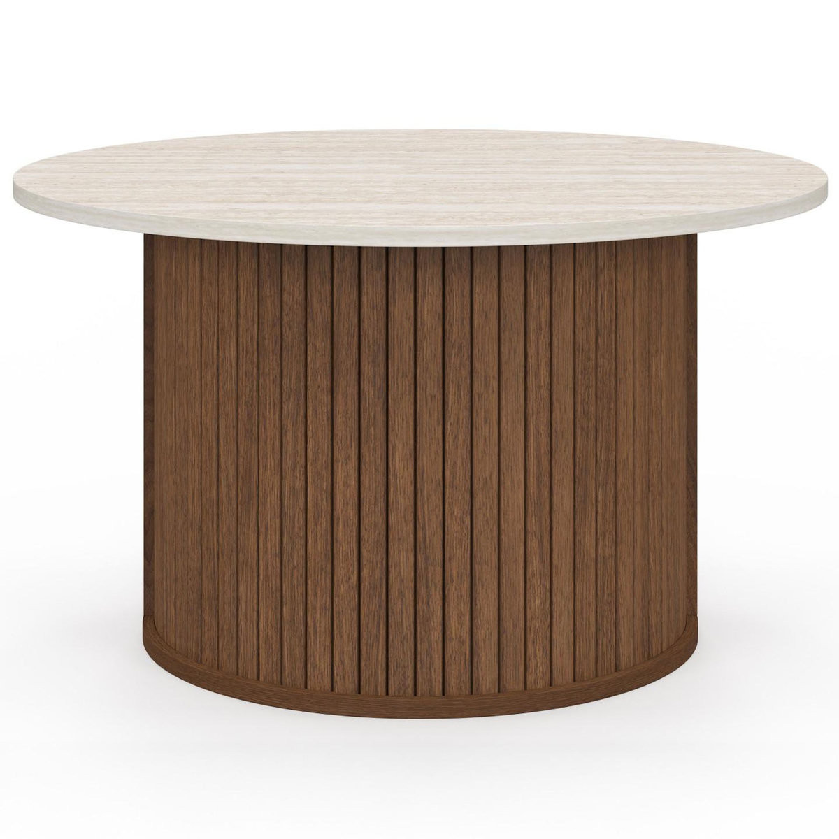 ID MARKET Table basse ronde JULIETTE 70 cm lattes effet noyer et plateau travertin