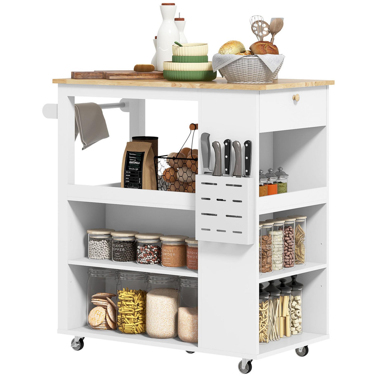 HOMCOM Desserte de cuisine style cosy chic multi-rangement blanc bois hévéa
