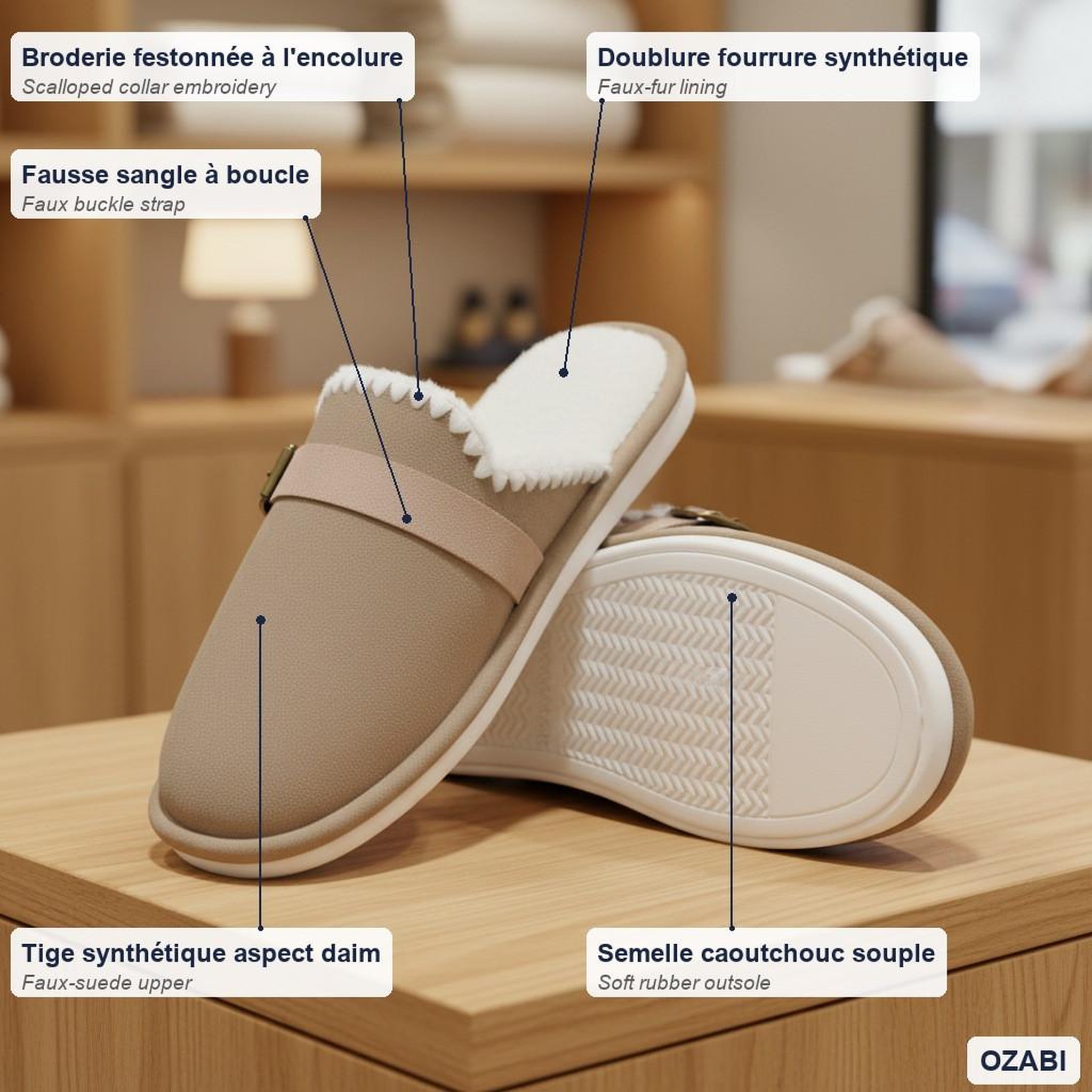Voir la diapositive 4 : OZABI OZABI Mules Femme, Aspect Daim, Broderie Scandinave, Doublure Fourrure