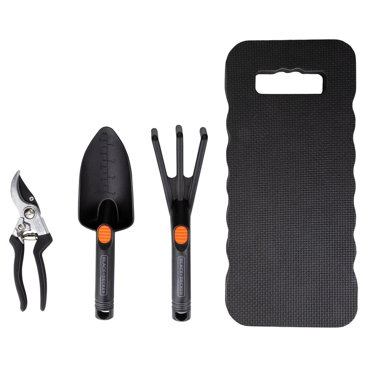 Black & Decker Kit jardinier - Sécateur, pelle, griffe et tapis de genoux