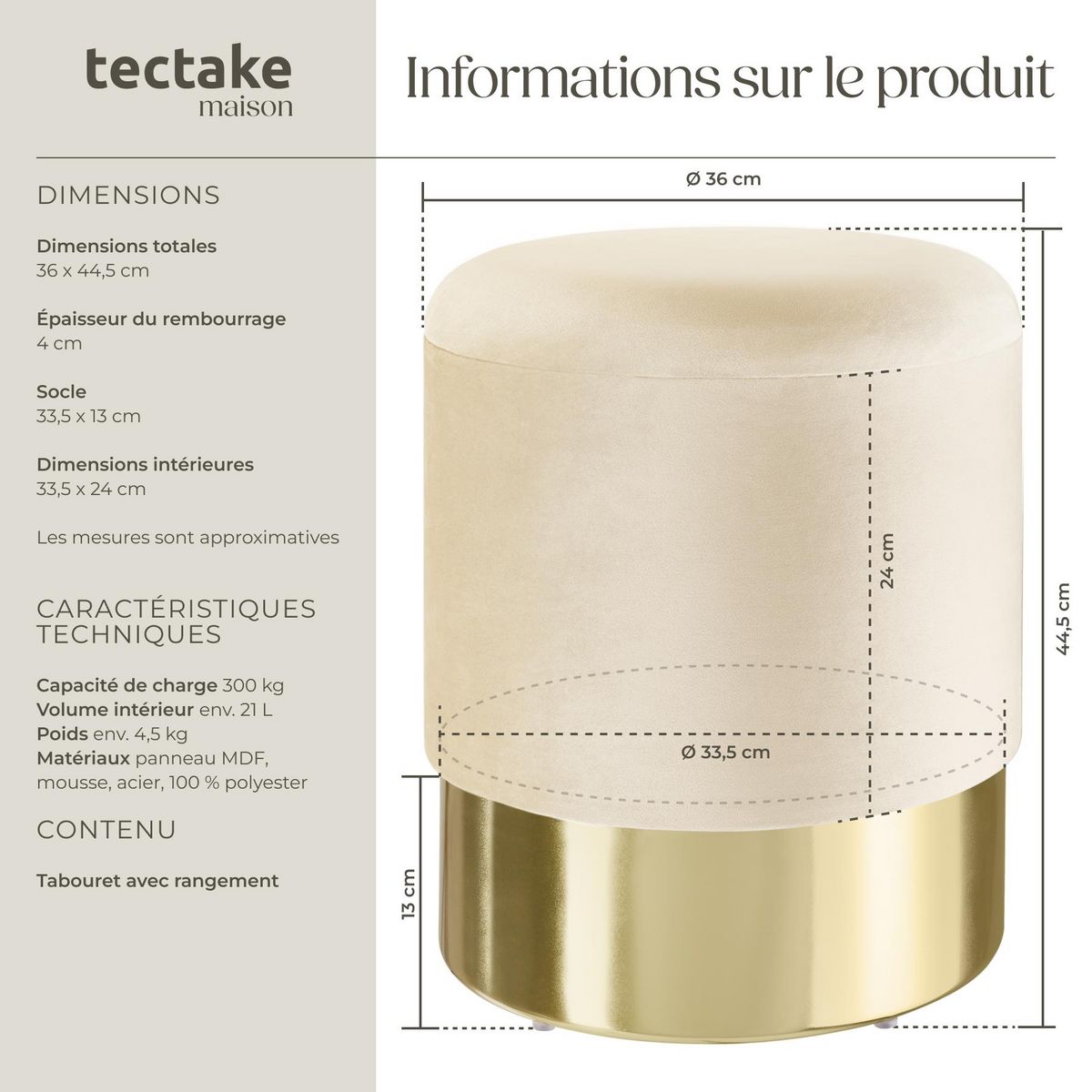 tectake Tabouret avec espace de rangement rond crème