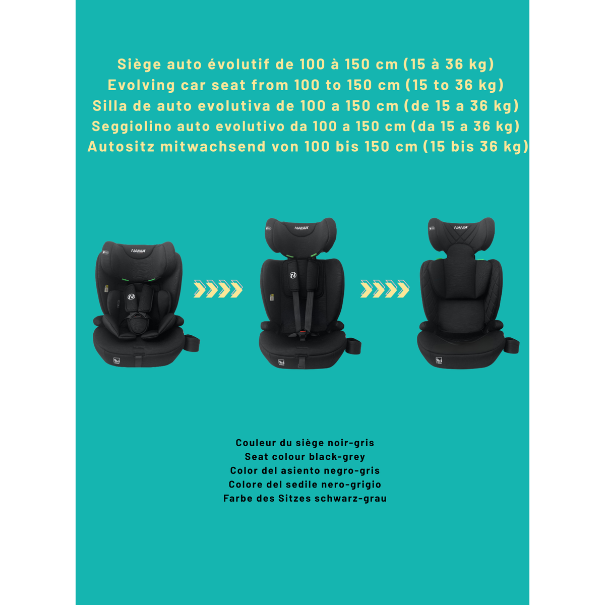 NANIA Nania Siège auto bébé TORINO évolutif 76-150 cm  15 mois à 12 ans, Têtière ajustable 12 niveaux de réglages, Protections latérales,Housse amovible et lavable - Porte gobelet