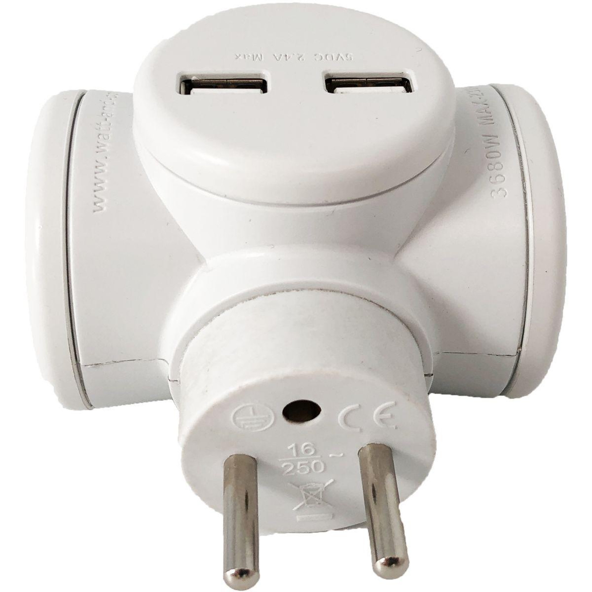 Voir la diapositive 2 : WATT AND CO Multiprise biplite 2x16a rotative + usb 2.4a blanc