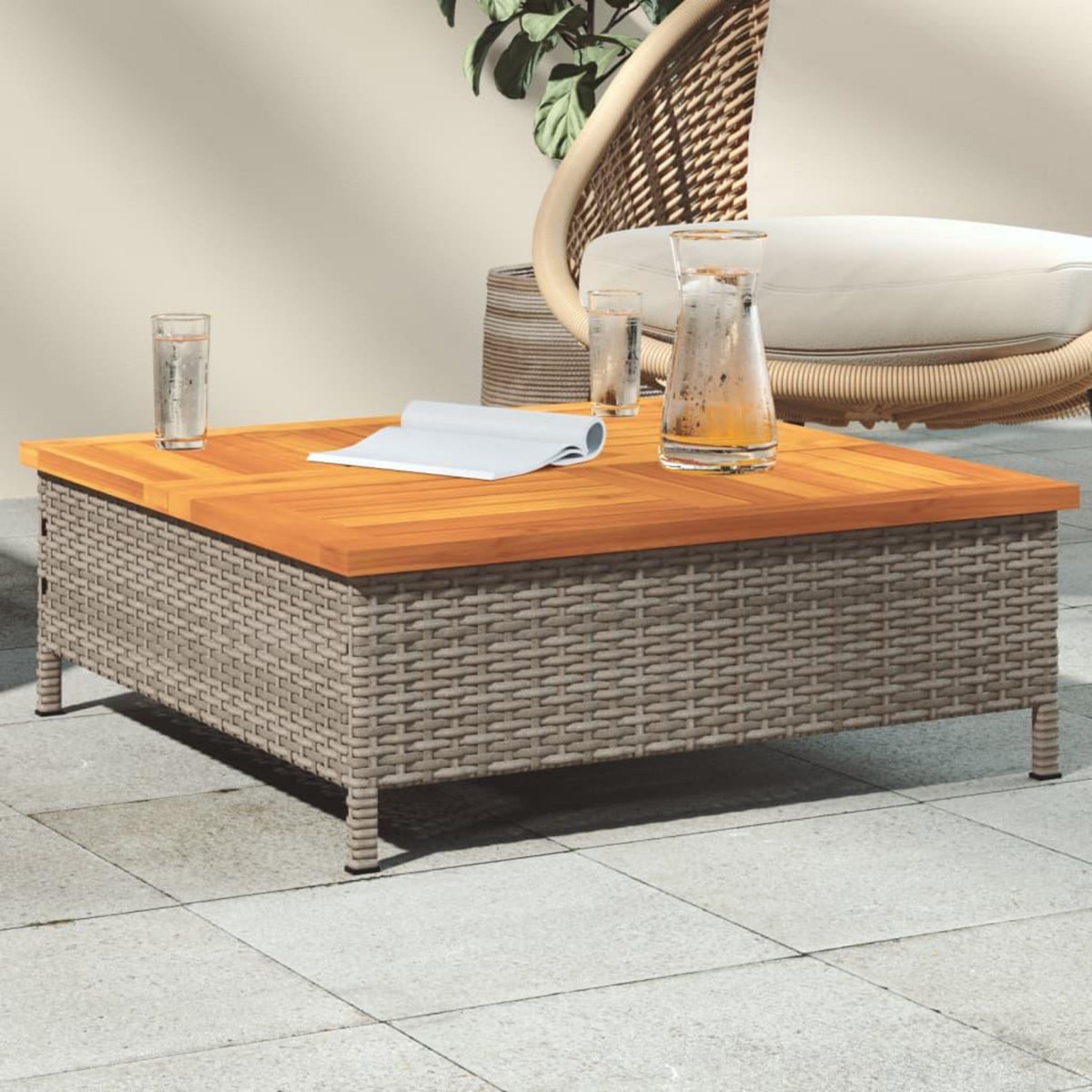VIDAXL Table de jardin gris 70x70x25 cm resine tressee et bois acacia