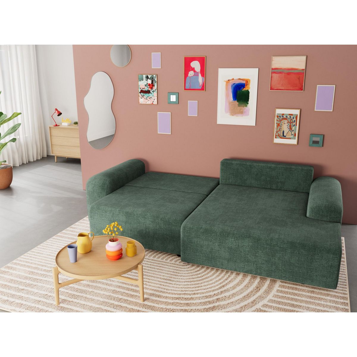 BEST MOBILIER Rebecca - canapé d'angle droit 4 places convertible avec coffre en velours texturé