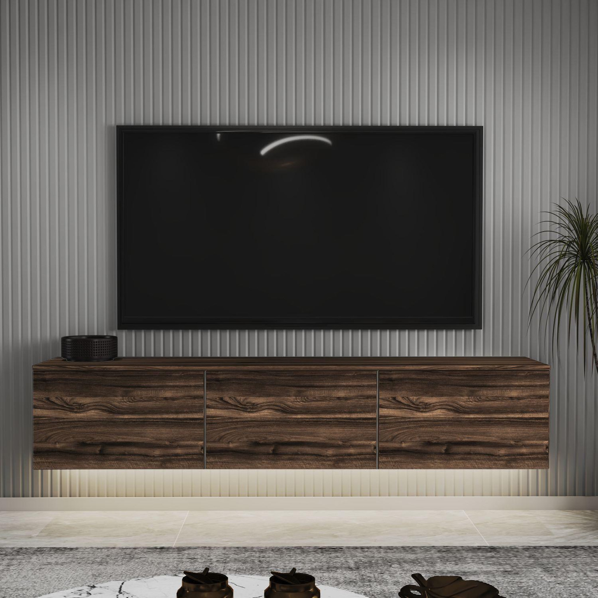 Voir la diapositive 2 : Habitat et Jardin Meuble tv suspendu en bois avec éclairage led  neon  - 160 x 32 x 35 cm - marron