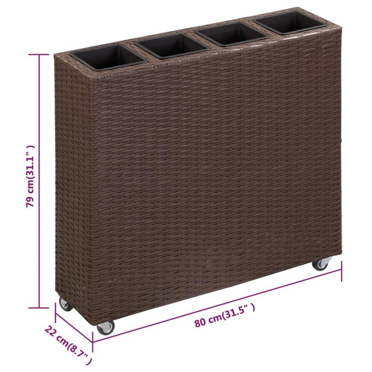 VIDAXL Lit sureleve de jardin 4 pots 80x22x79 cm Resine Tressee Marron