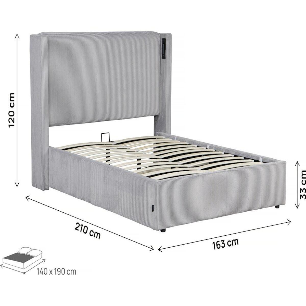 Habitat et Jardin Lit double en velours côtelé avec coffre et lampe intégré  Cortina  - 140 x 190 cm - Gris