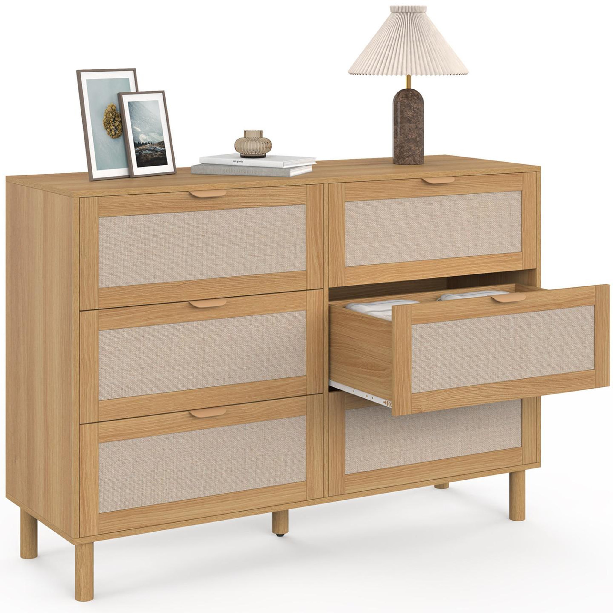 Voir la diapositive 4 : ID MARKET Commode 6 tiroirs robin 115 cm meuble de rangement bois et tissu effet lin