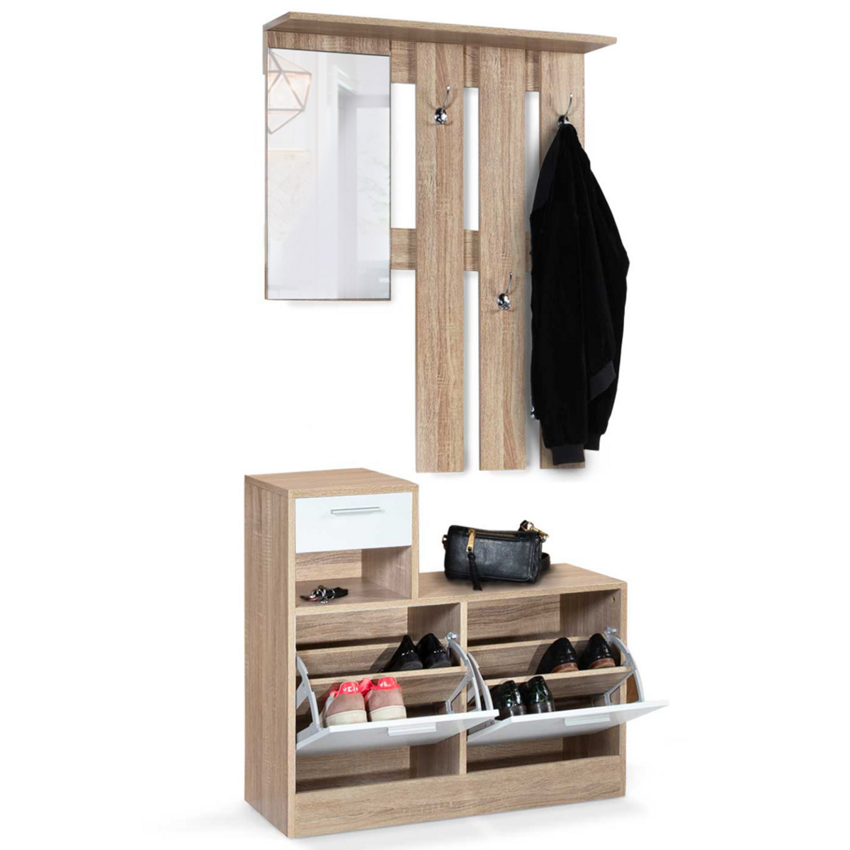 ID MARKET Vestiaire d'entrée avec miroir PAULIN design hêtre portes blanches