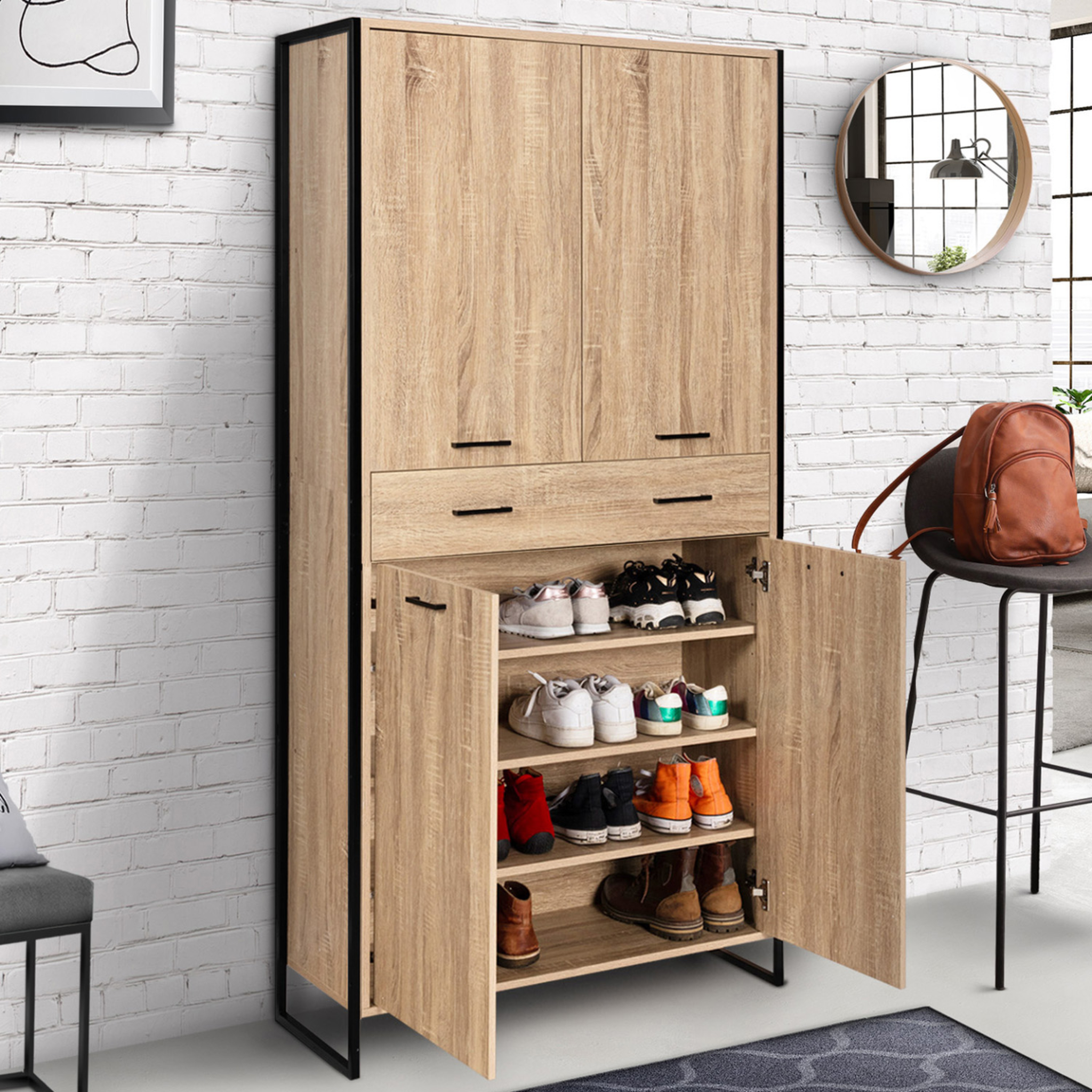 Voir la diapositive 2 : ID MARKET Armoire à chaussures 24 paires luis 4 portes avec tiroir design industriel h. 180 cm
