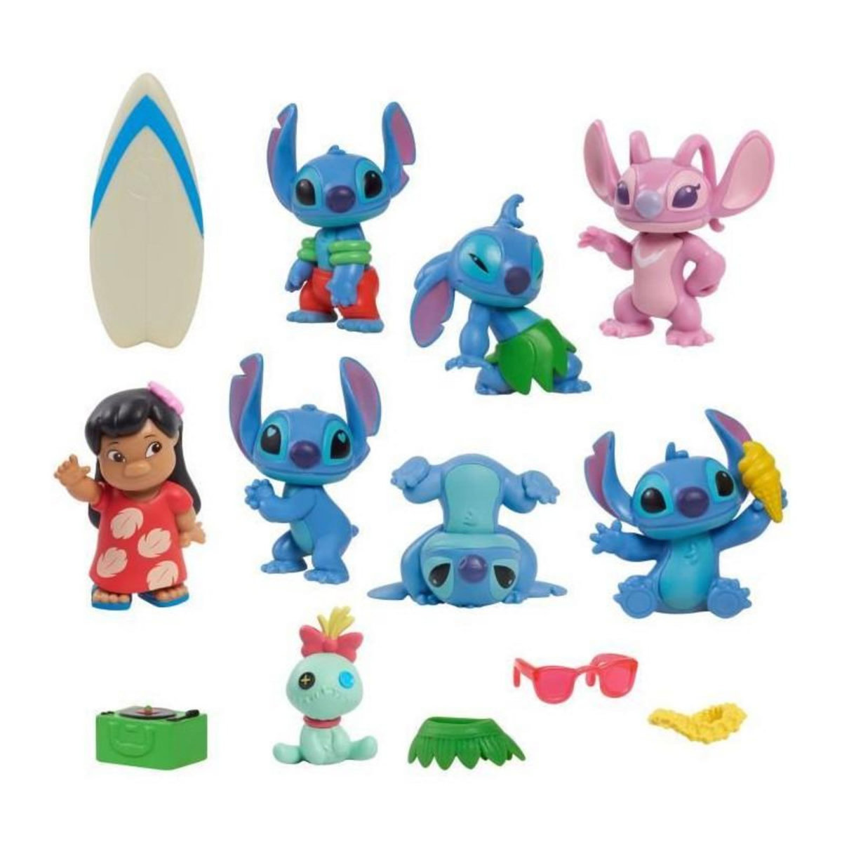 Figurines et accessoires - LICENCE /STITCH - Coffret Deluxe - 13 figurines et accessoires, Stitch dans 5 poses, planche de surf