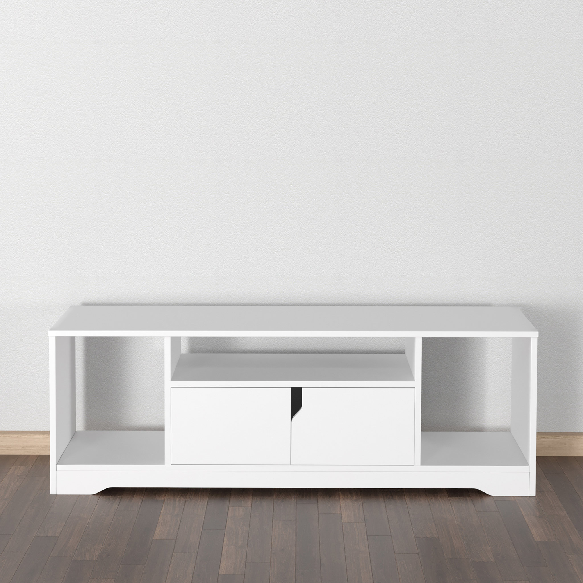 Voir la diapositive 2 : HOMCOM Meuble TV banc TV design contemporain - 3 niches, placard double porte - dim. 120L x 30l x 41H cm - panneaux particules blanc