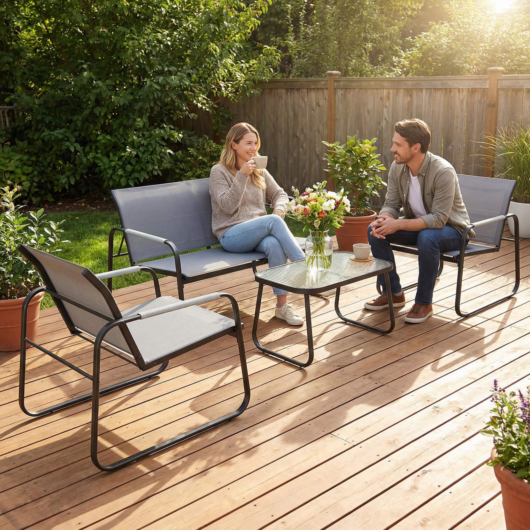Voir la diapositive 4 : OUTSUNNY Salon de jardin style yachting 4 personnes 4 pièces plateau verre trempé