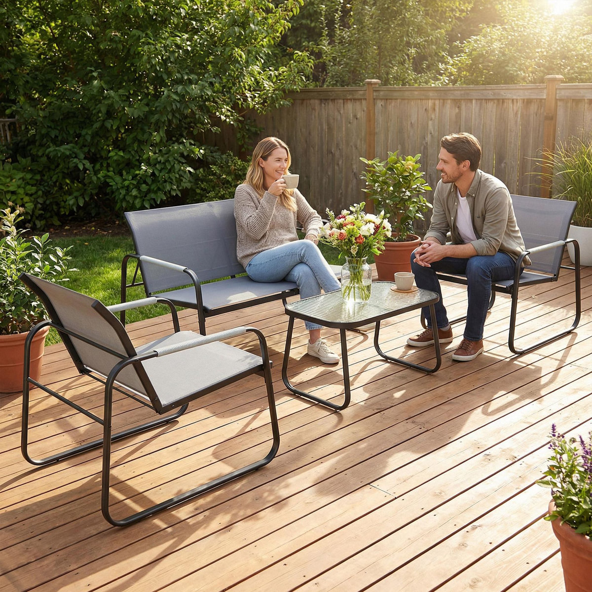 OUTSUNNY Salon de jardin style yachting 4 personnes 4 pièces plateau verre trempé