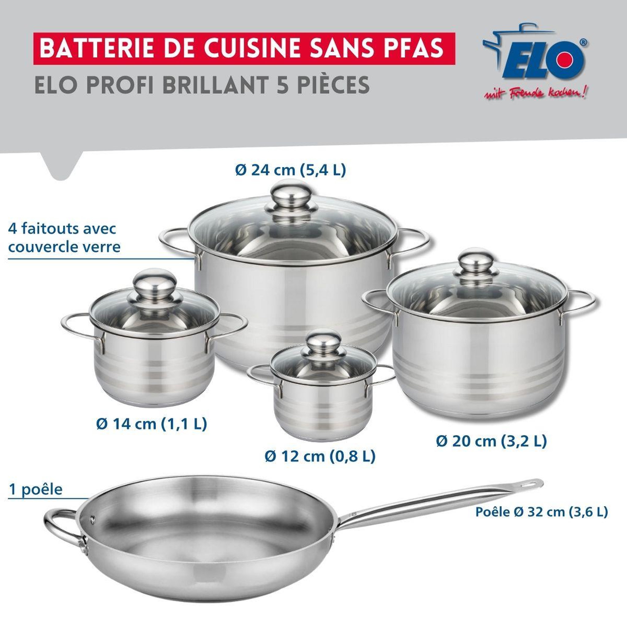 Voir la diapositive 2 : ELO Ensemble de 1 poêle de cuisson 32 cm et 4 faitouts 12, 14, 20 et 24 cm elo profi brillant