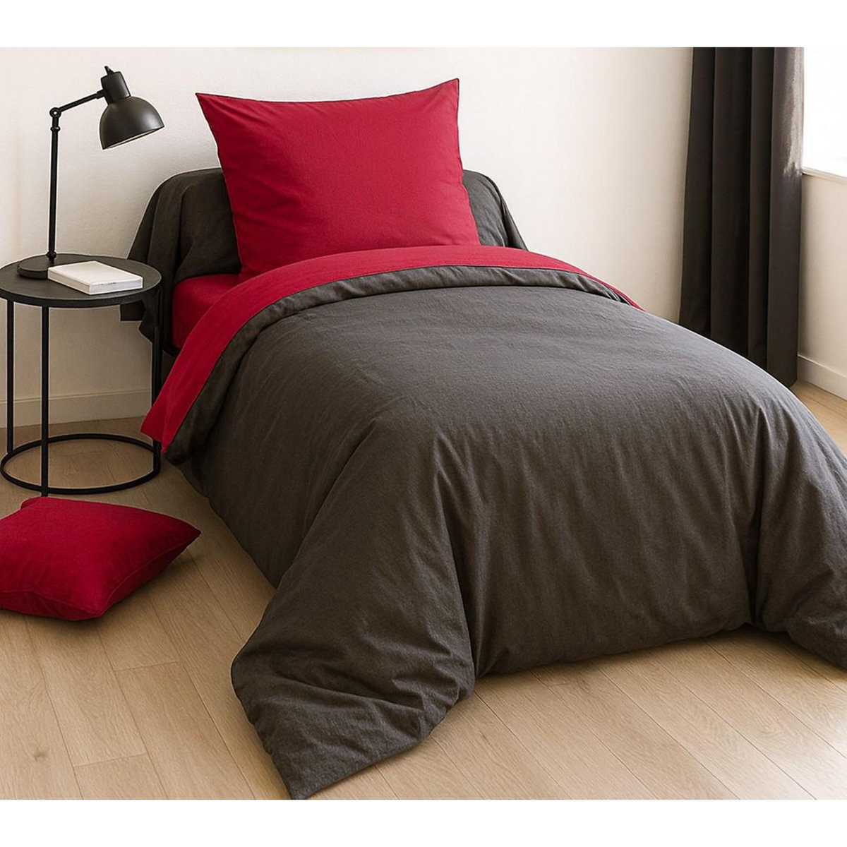 Home collection Parure housse de couette 135x200cm 100%coton fushia/anthracite