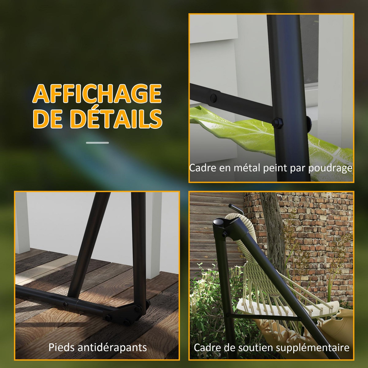 OUTSUNNY Hamac pliable complet - support acier, toile hamac coton - support 2 en 1 hamac chaise suspendue - noir beige