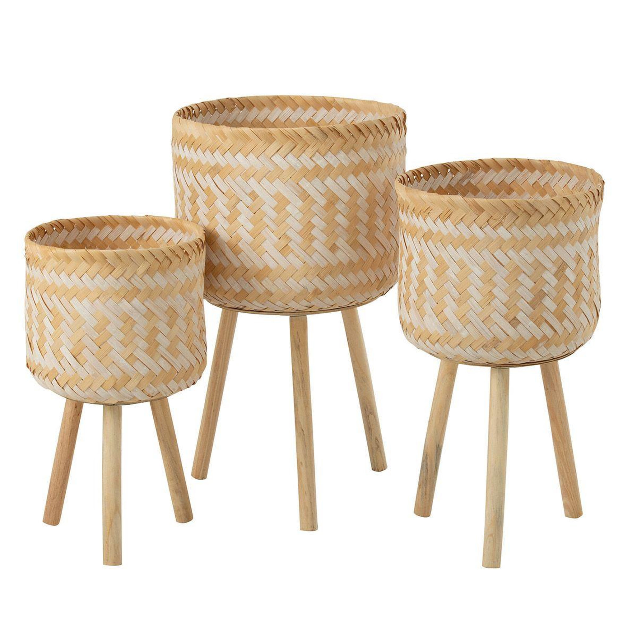 Voir la diapositive 1 : J-LINE Lot de 3 cache-pots sur pied  baudoin  66cm naturel & blanc
