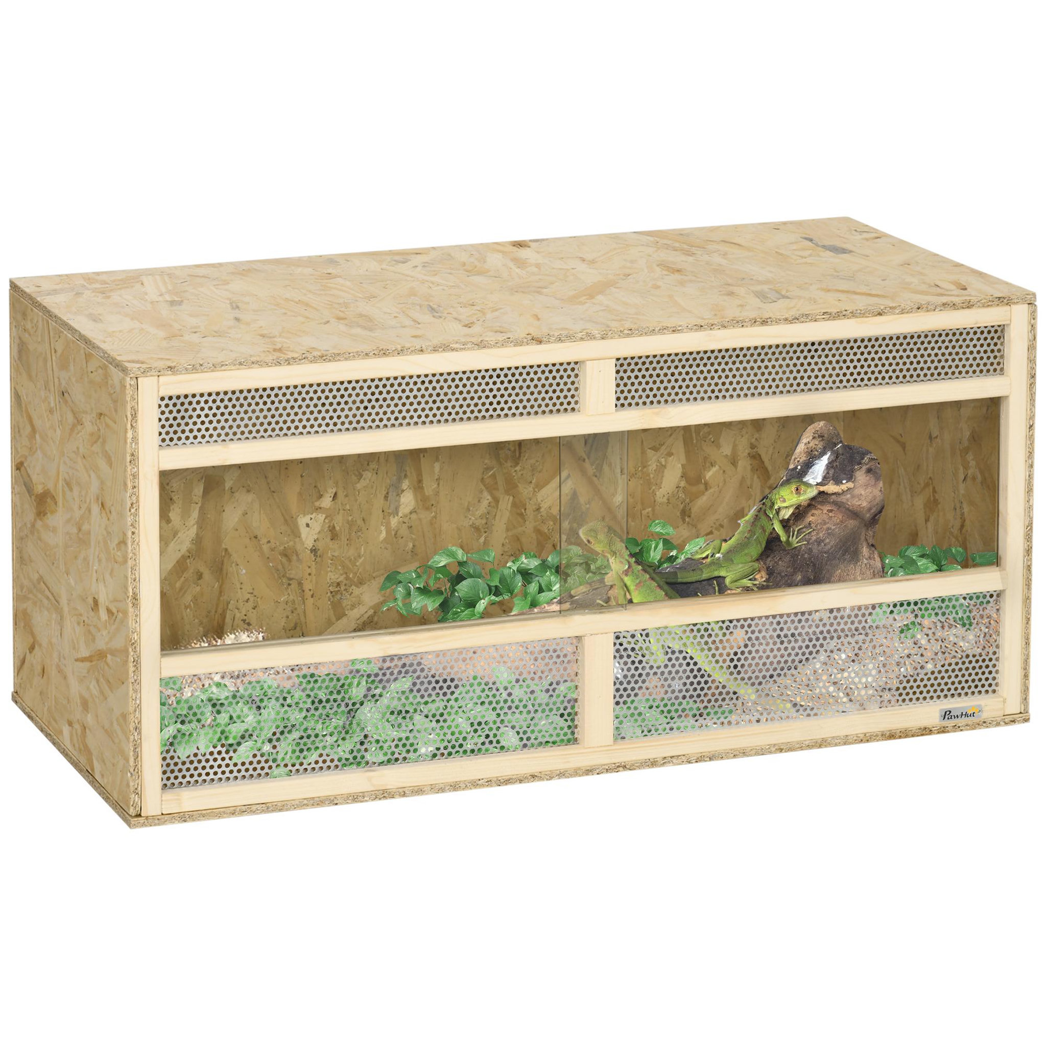 PAWHUT Terrarium - vivarium reptiles - 2 portes coulissantes verre trempé - parois frontales maillées - métal OSB