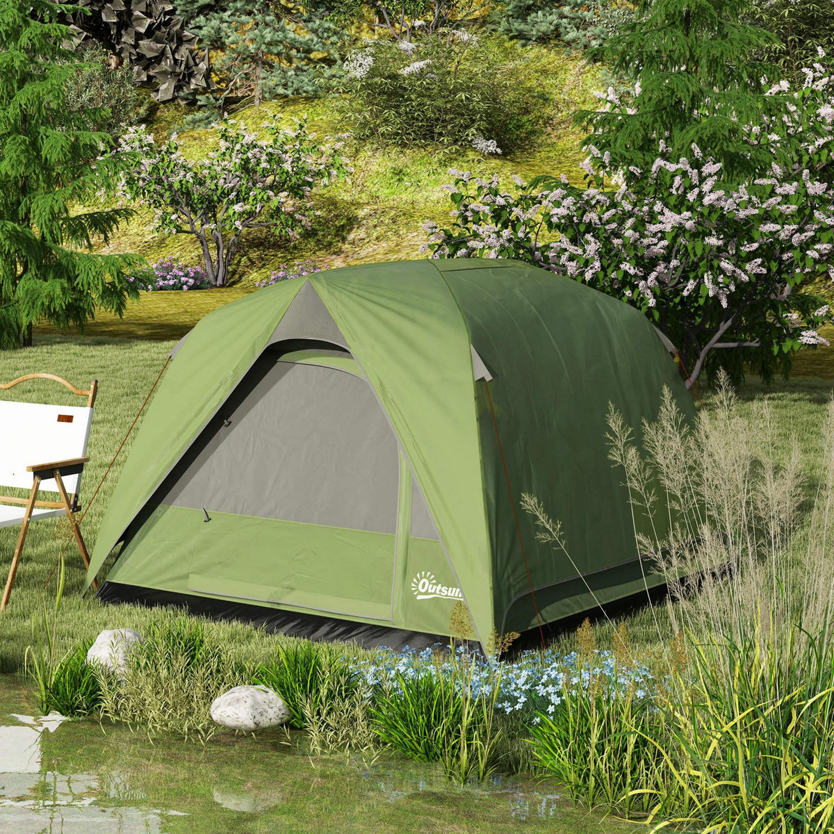 OUTSUNNY Tente de camping 2-3 personnes fenêtres, poche, sac de transport et crochet imperméabilité 3000 mm vert olive