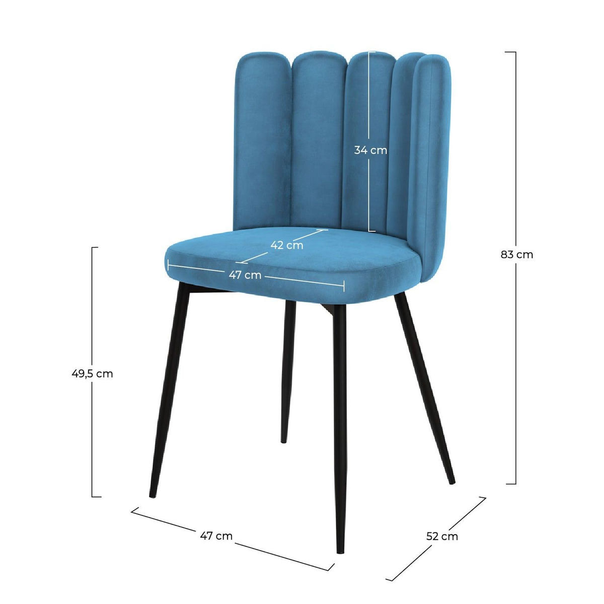 MAISON PAVANE Lot de 2 chaises en velours bleu et pieds en métal noir-Rosy