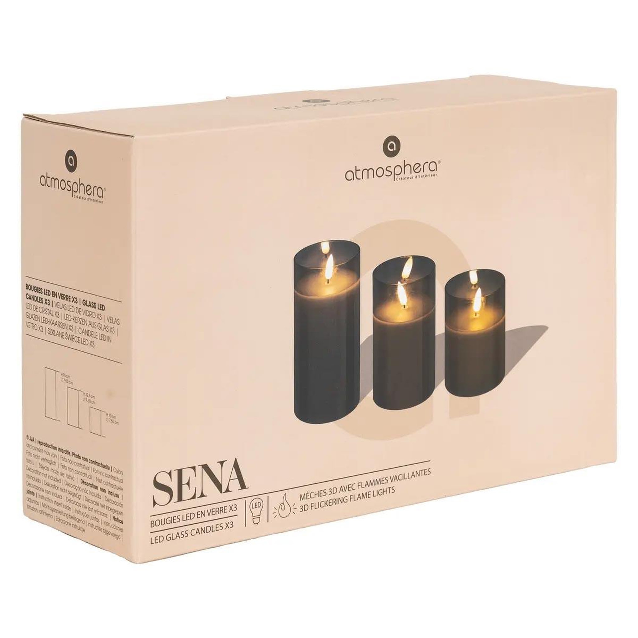 Voir la diapositive 6 : ATMOSPHERA Lot de 3 bougies led en verre  sena  15cm noir