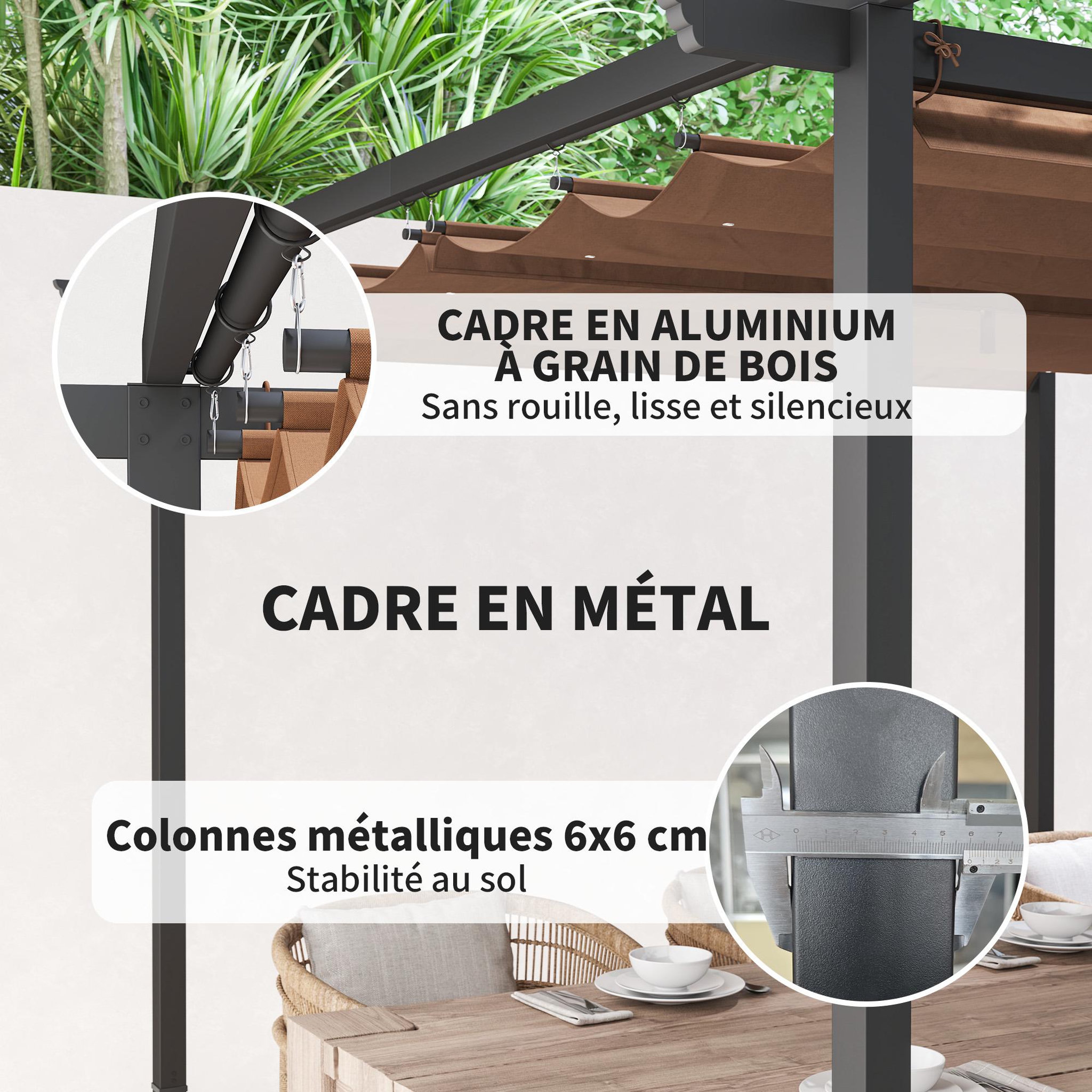 Voir la diapositive 6 : OUTSUNNY Pergola 3 x 3 m métal toile polyester haute densité 180g/m² UPF30+ coulissante rétractable marron