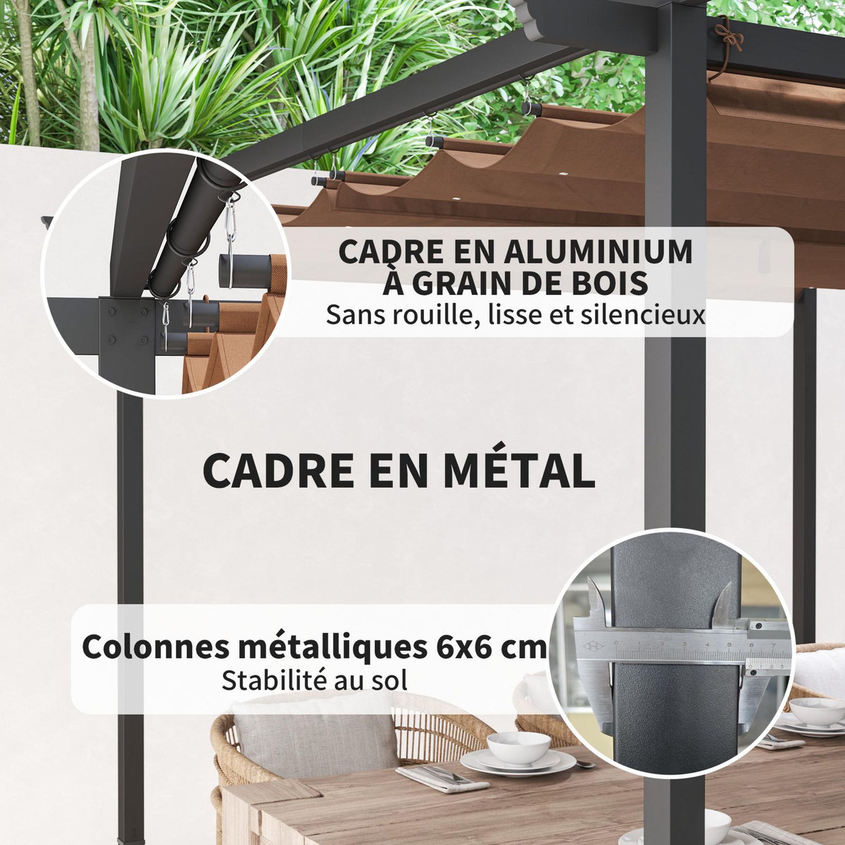 OUTSUNNY Pergola 3 x 3 m métal toile polyester haute densité 180g/m² UPF30+ coulissante rétractable marron