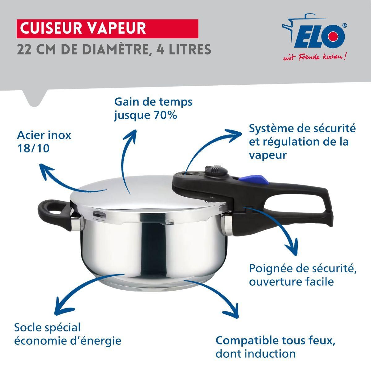 ELO Autocuiseur vapeur en acier inoxydable 18/10 22 cm 4 litres Elo Praktika