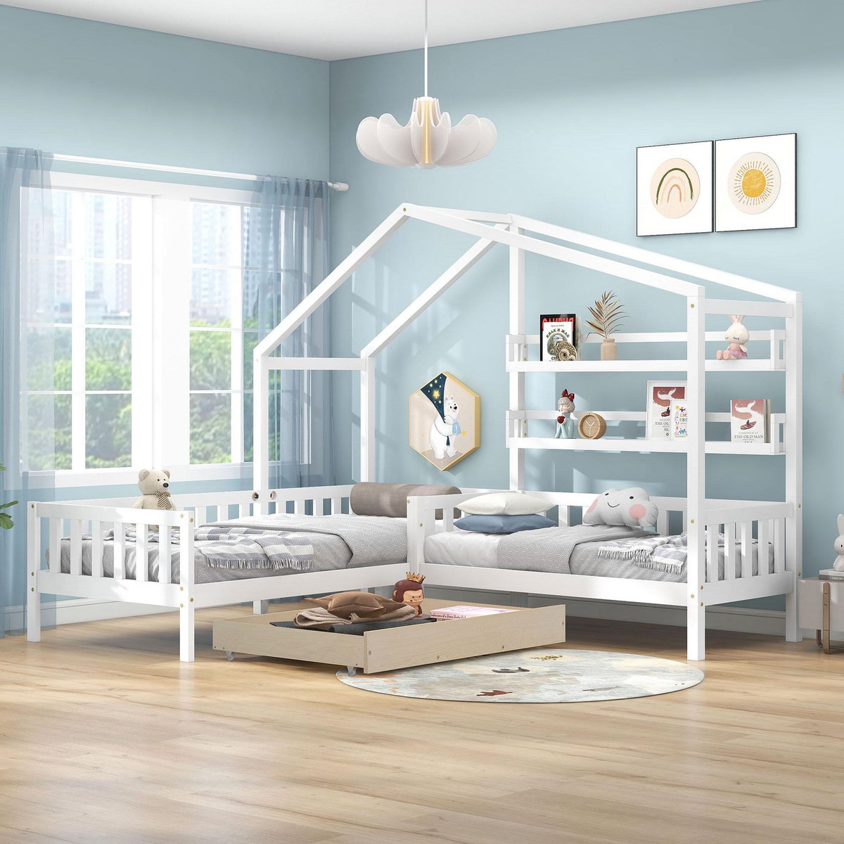 MERAX Lit cabane enfant 90x200(70x140)cm pin coloris blanc