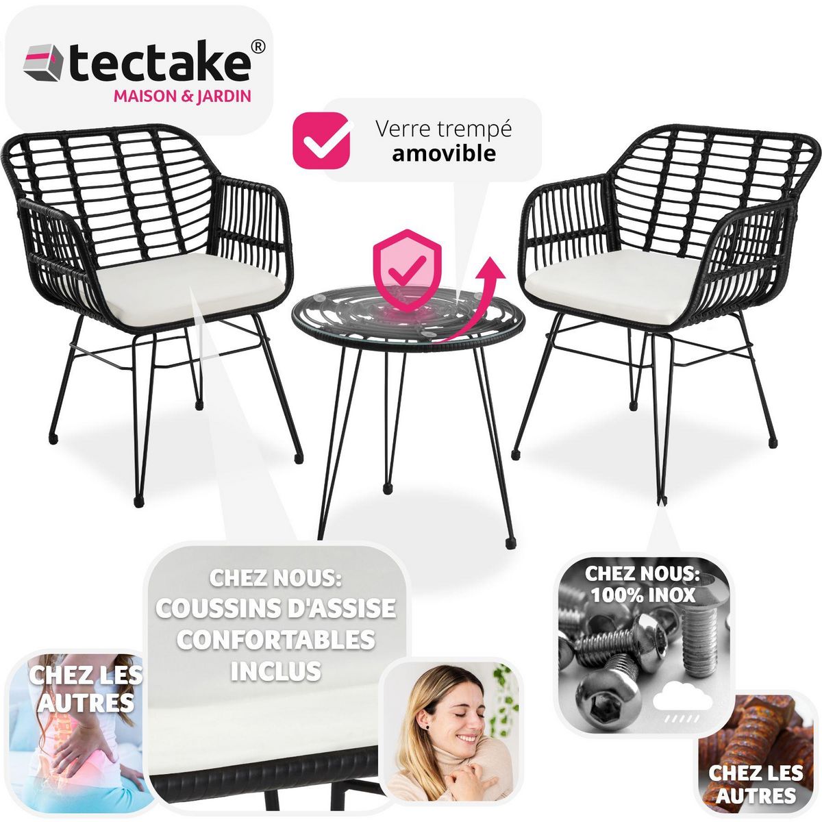 tectake Salon de jardin pour 2 personnes noir