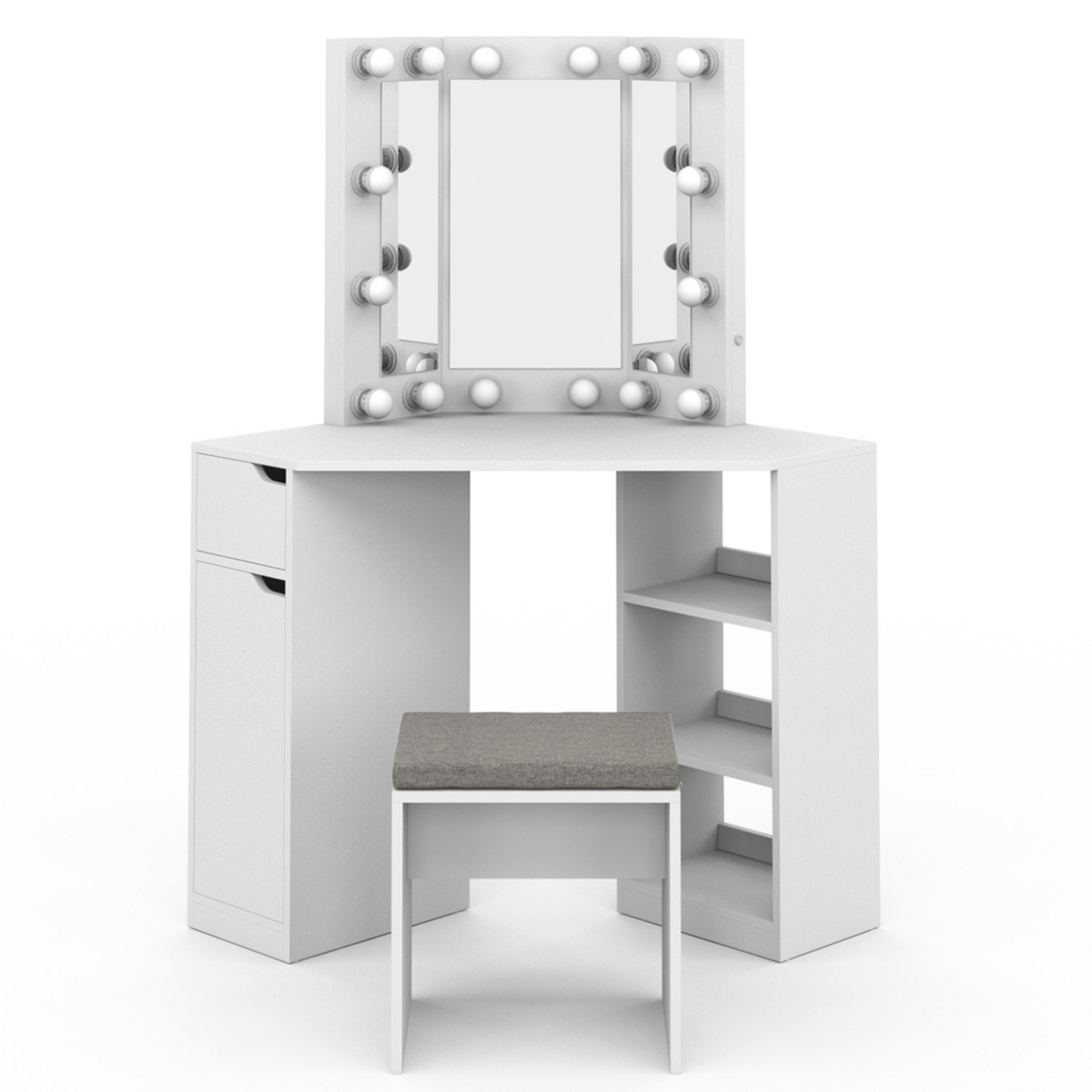 ID MARKET Coiffeuse d'angle ZELIA blanche 3 miroirs LED, 3 étagères, 1 tiroir, 1 caisson de rangement et tabouret