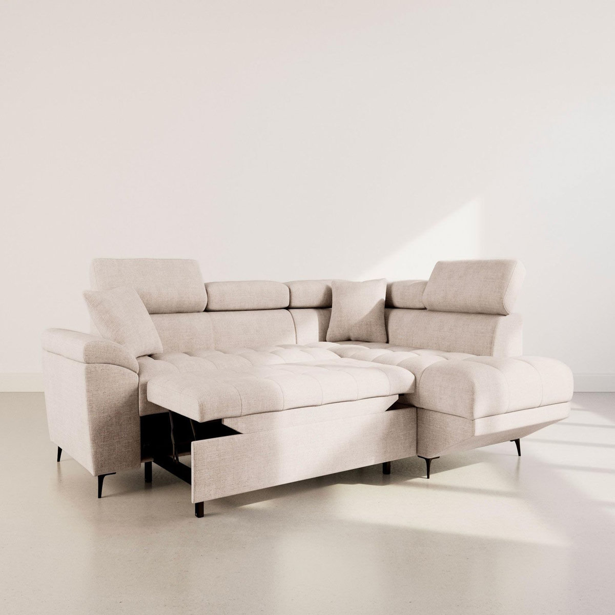 BEST MOBILIER Camille - canapé d'angle droit 5 places convertible avec têtières et coffre en velours texturé