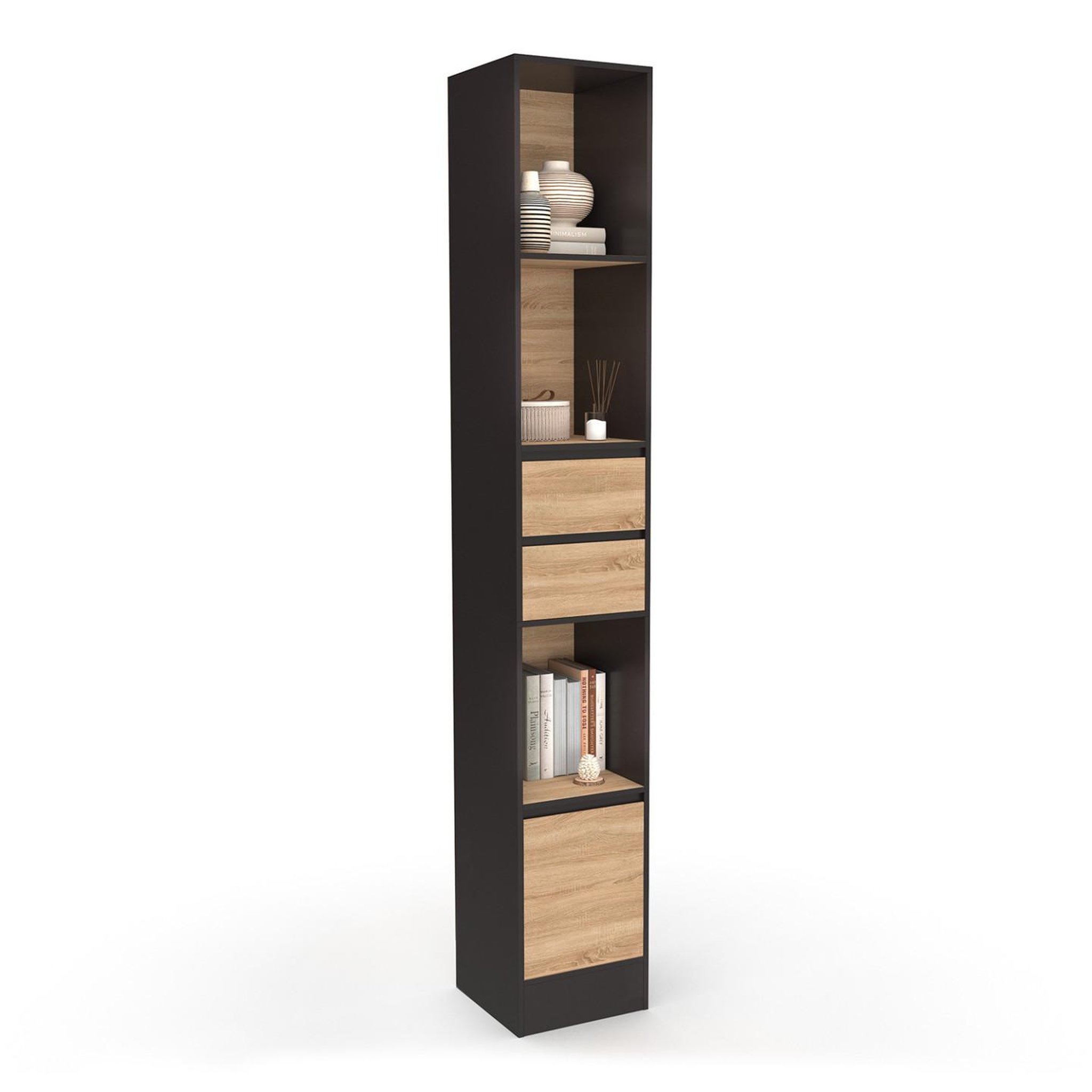 ID MARKET Etagère bibliothèque CARLA 3 étagères 2 tiroirs 1 placard noir et effet bois 190 cm