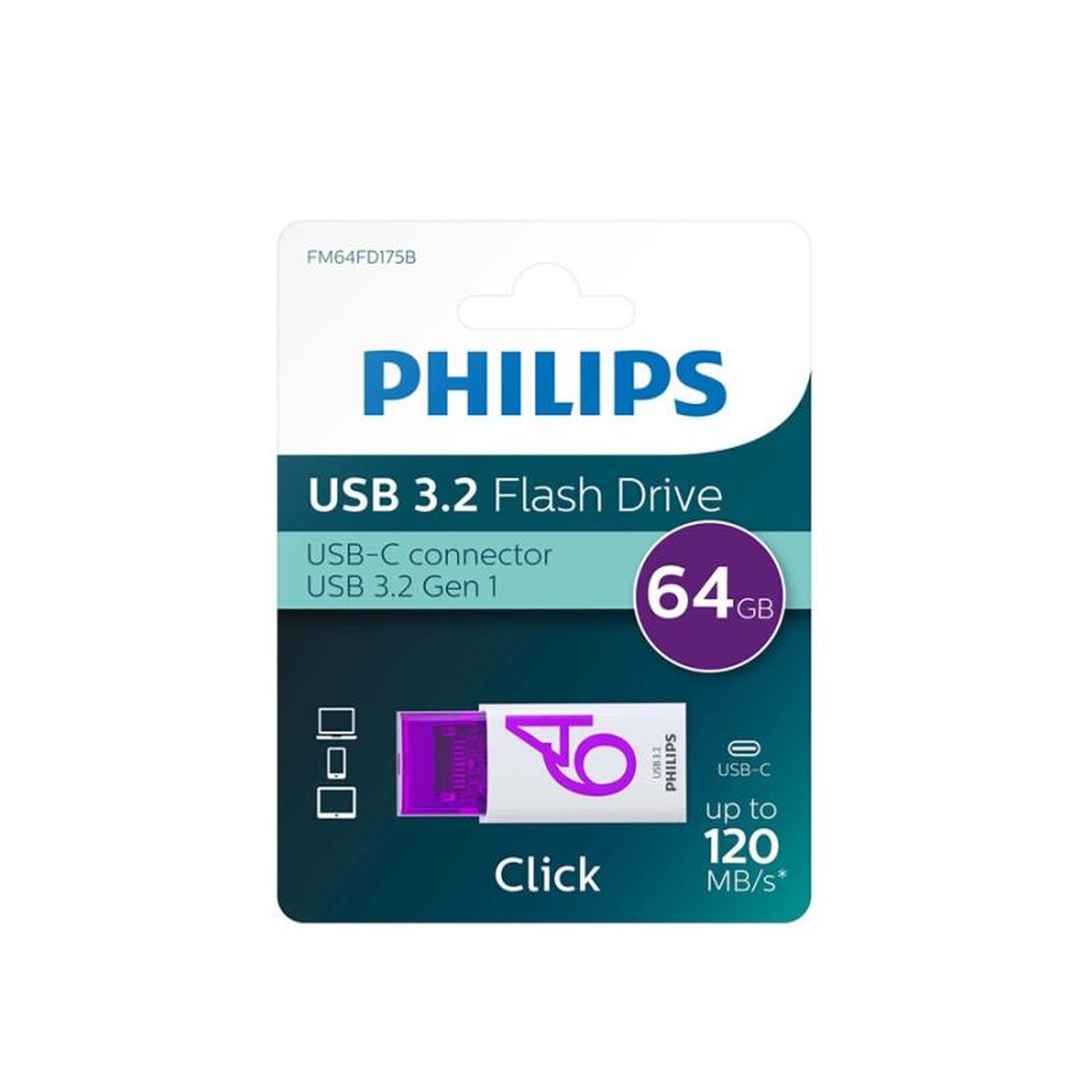 Voir la diapositive 2 : Philips Clé USB Philips Edition Click 3.2 64 Go Blanc et violet