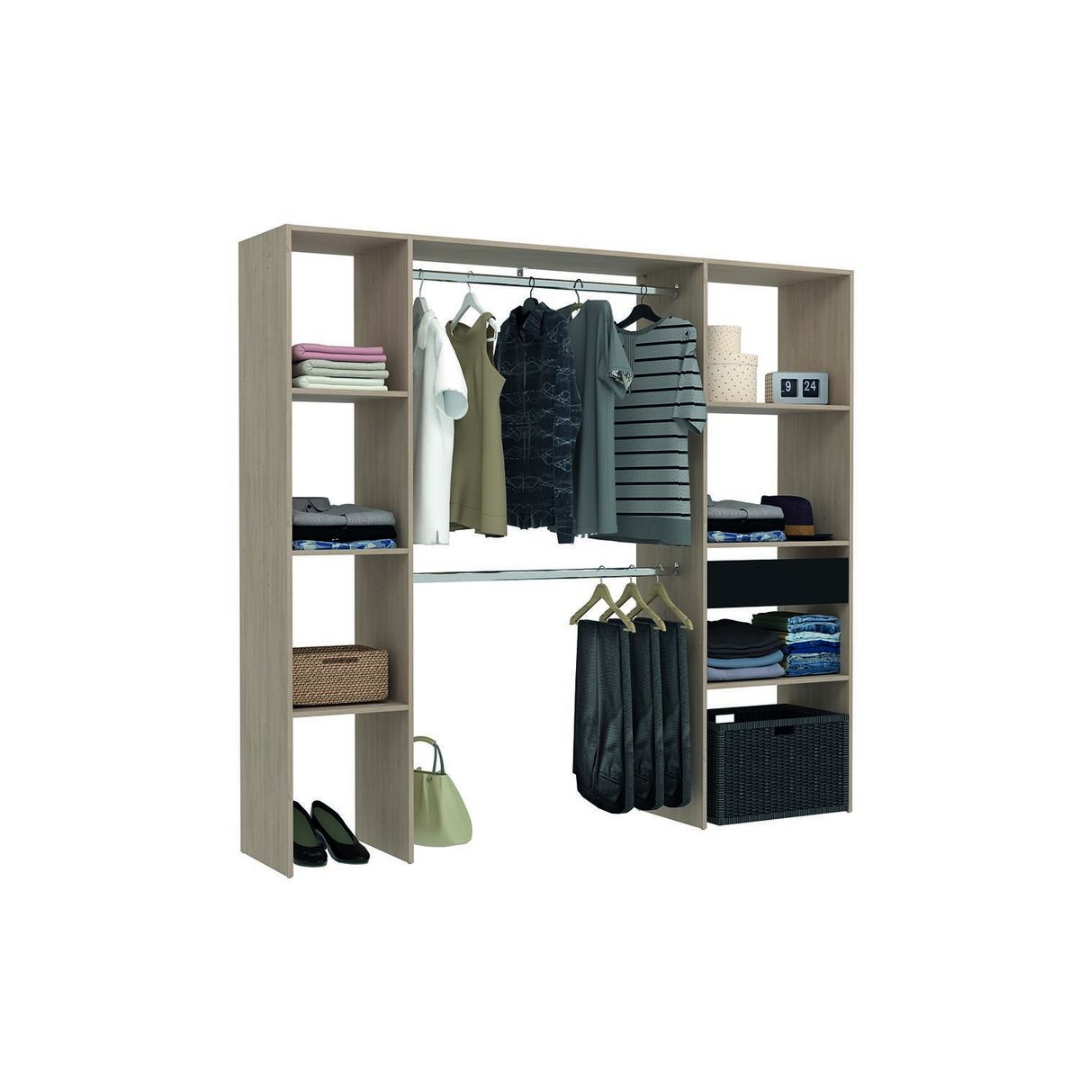 CONCEPT USINE Dressing bois avec 6 étagères, 1 tiroir et 2 penderies : 198 x 40 x 180 cm ELYSEE