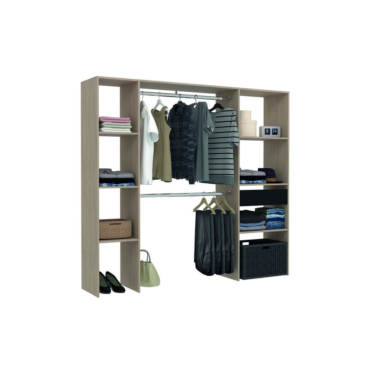 CONCEPT USINE Dressing bois avec 6 étagères, 1 tiroir et 2 penderies : 198 x 40 x 180 cm ELYSEE