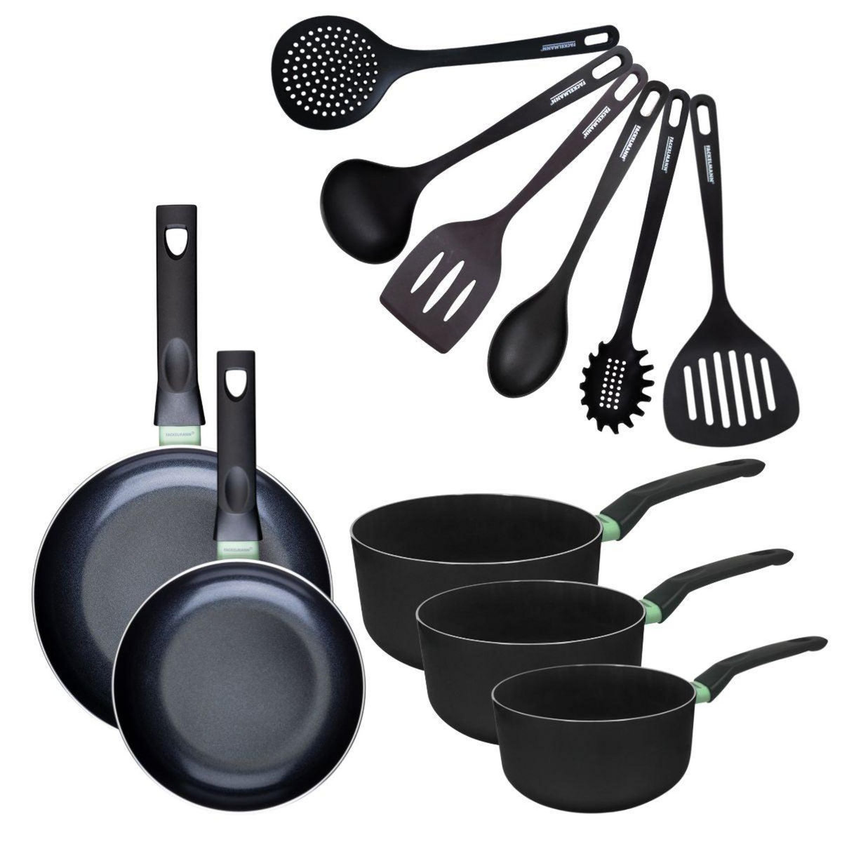 Fackelmann Set de 2 poêles 20 et 24 cm, 3 casseroles antiadhésives céramique 16, 18 et 20 cm et 6 ustensiles Fackelmann Brandao