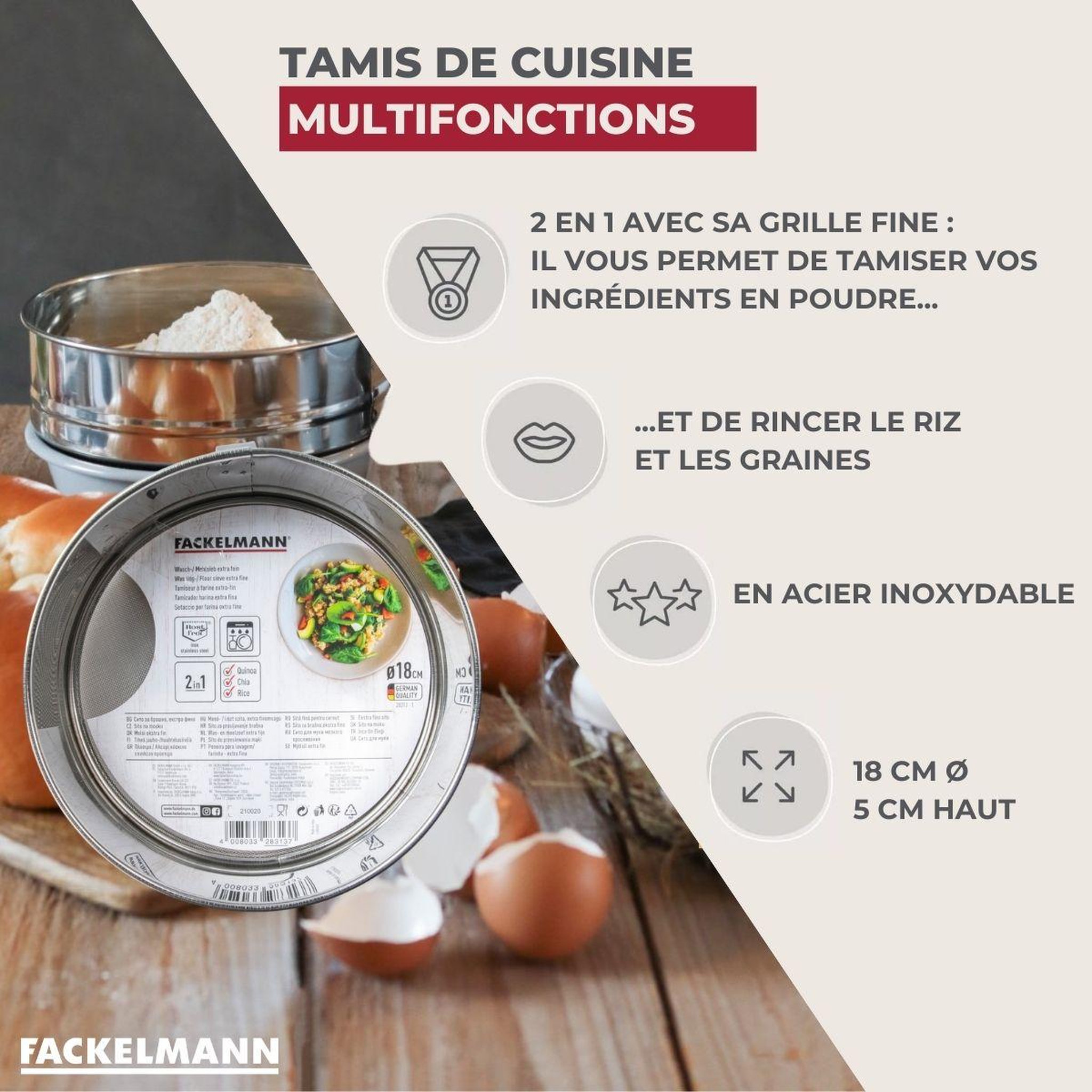 Voir la diapositive 3 : Fackelmann Tamis de cuisine inox extra fin 18 cm de diamètre fackelmann basic