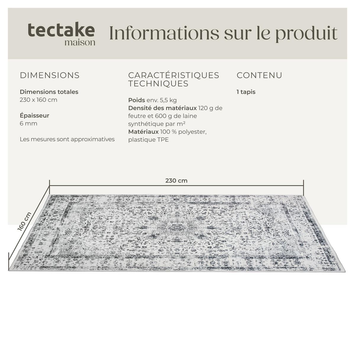 tectake Tapis design vintage à poils courts en laine synthétique et feutre gris 160 x 230 cm