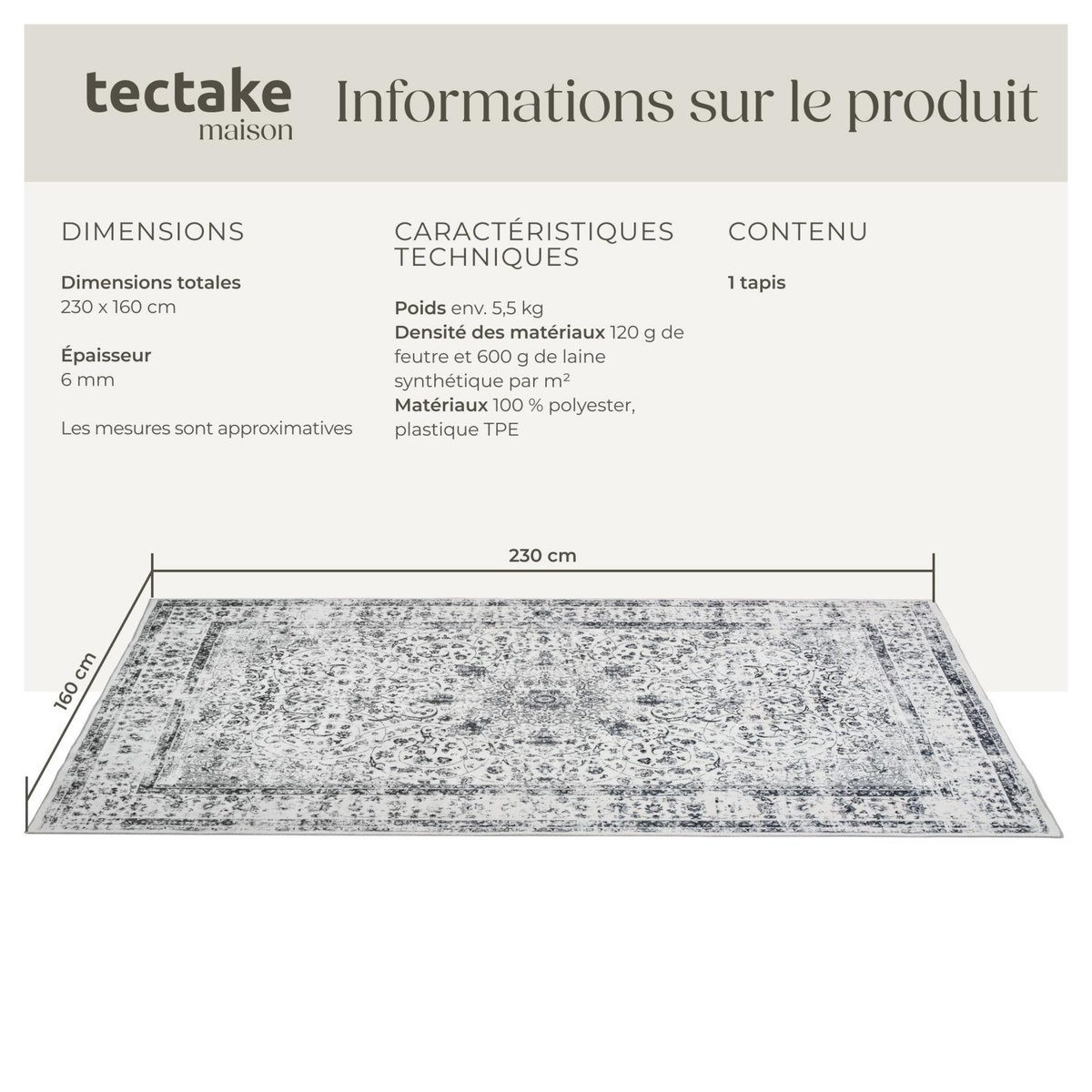 tectake Tapis design vintage à poils courts en laine synthétique et feutre gris 160 x 230 cm