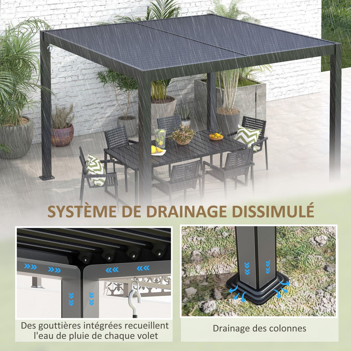 OUTSUNNY Pergola 3 x 3 m bioclimatique style contemporain alu noir