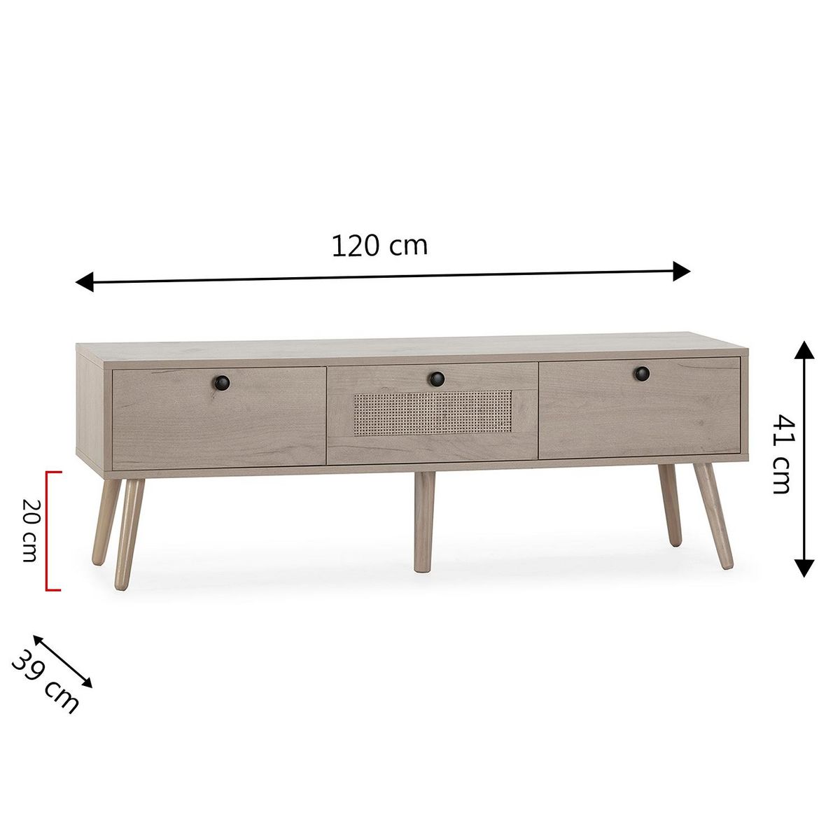 VS VENTA-STOCK Meuble TV Bella 3 Portes Couleur Chêne avec Rotin Naturel