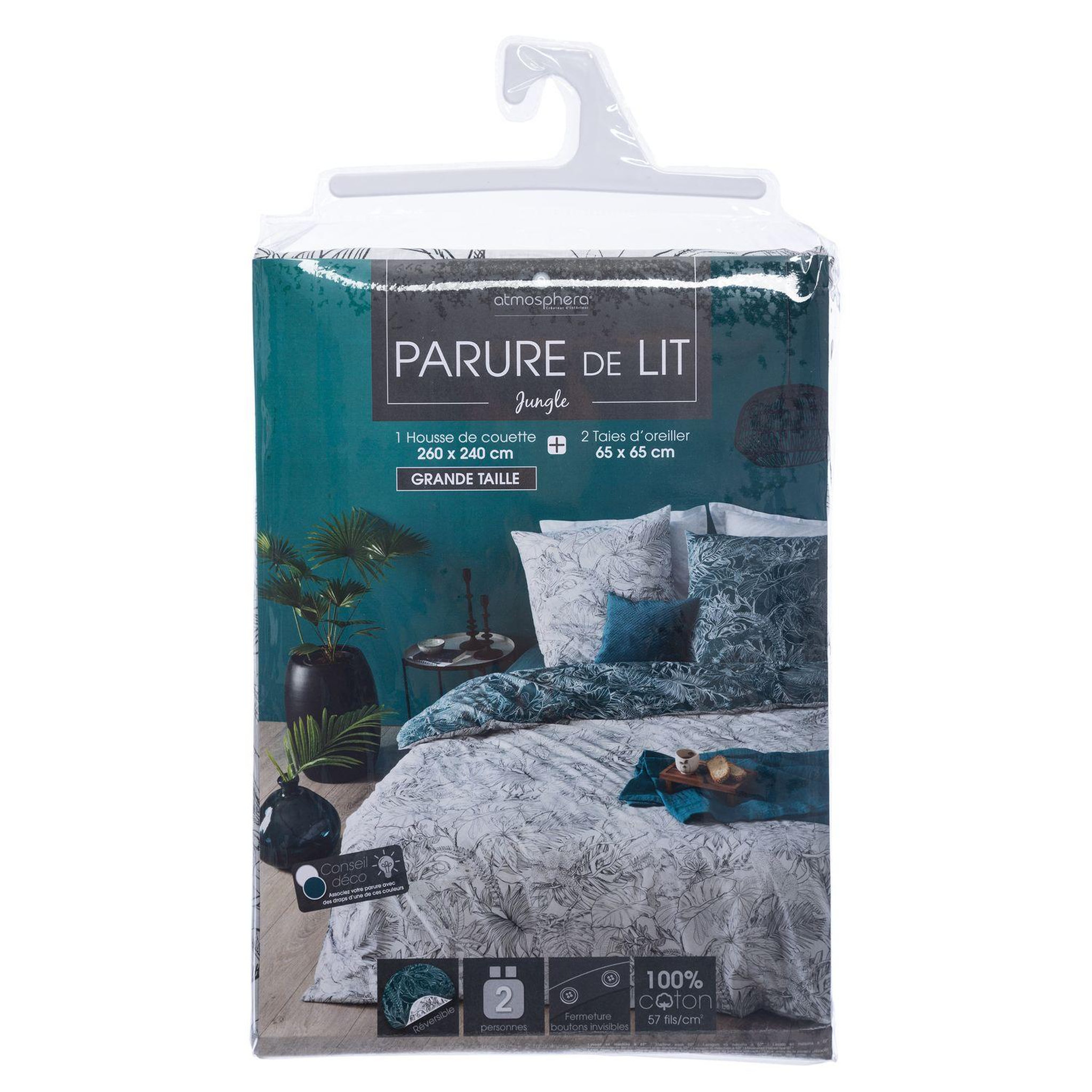 Voir la diapositive 3 : ATMOSPHERA Parure de lit 2 places en coton imprimé Jungle - 260x240 cm - Bleu, Noir et Blanc