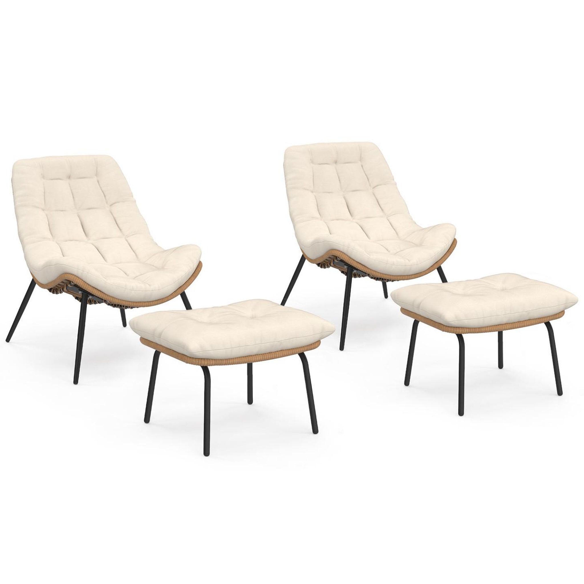 ID MARKET Lot de 2 fauteuils de jardin relax loa effet rotin avec coussins écrus et repose-pieds