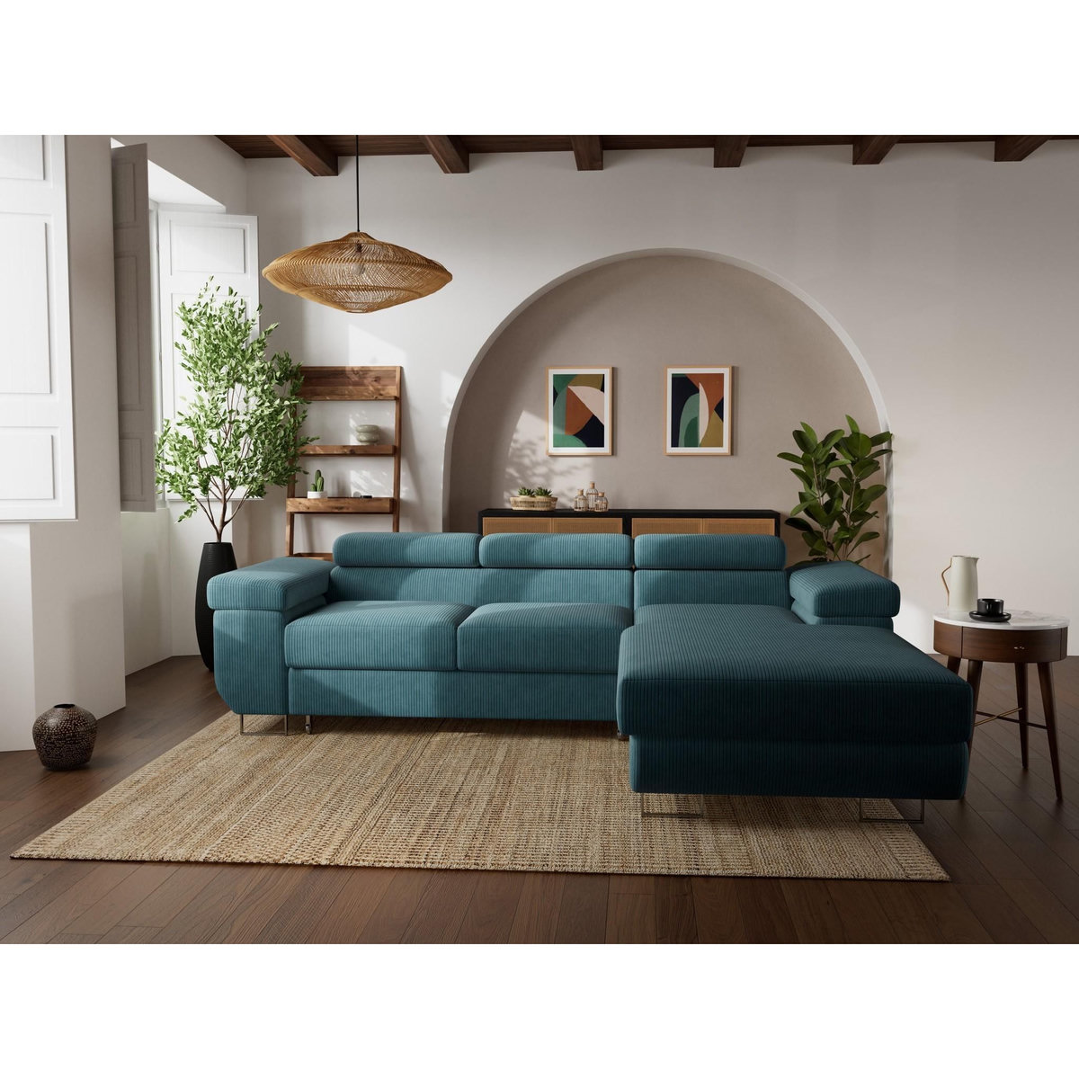 BEST MOBILIER Pablo - canapé d'angle droit - 6 places - convertible avec coffre et têtières réglables - en velours côtelé