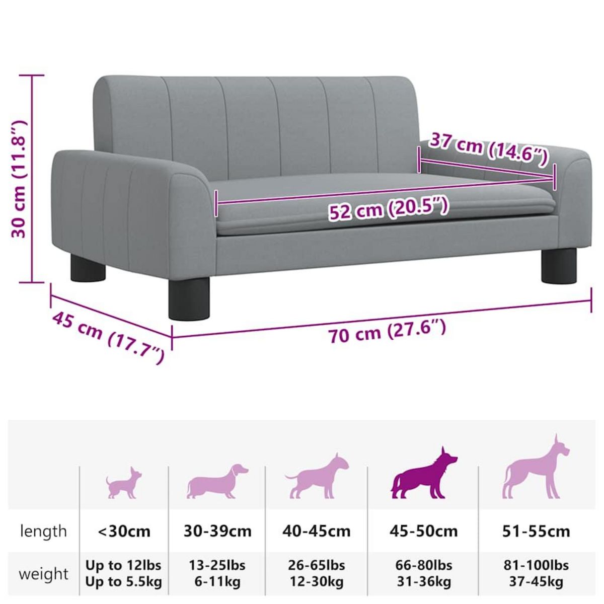 VIDAXL Lit pour chien gris clair 70x45x30 cm tissu